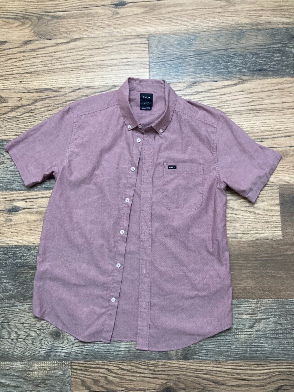 RVCA Men’s Small Slim Fit Short Sleeve Button Down Shirt Mauve Pink Stretch